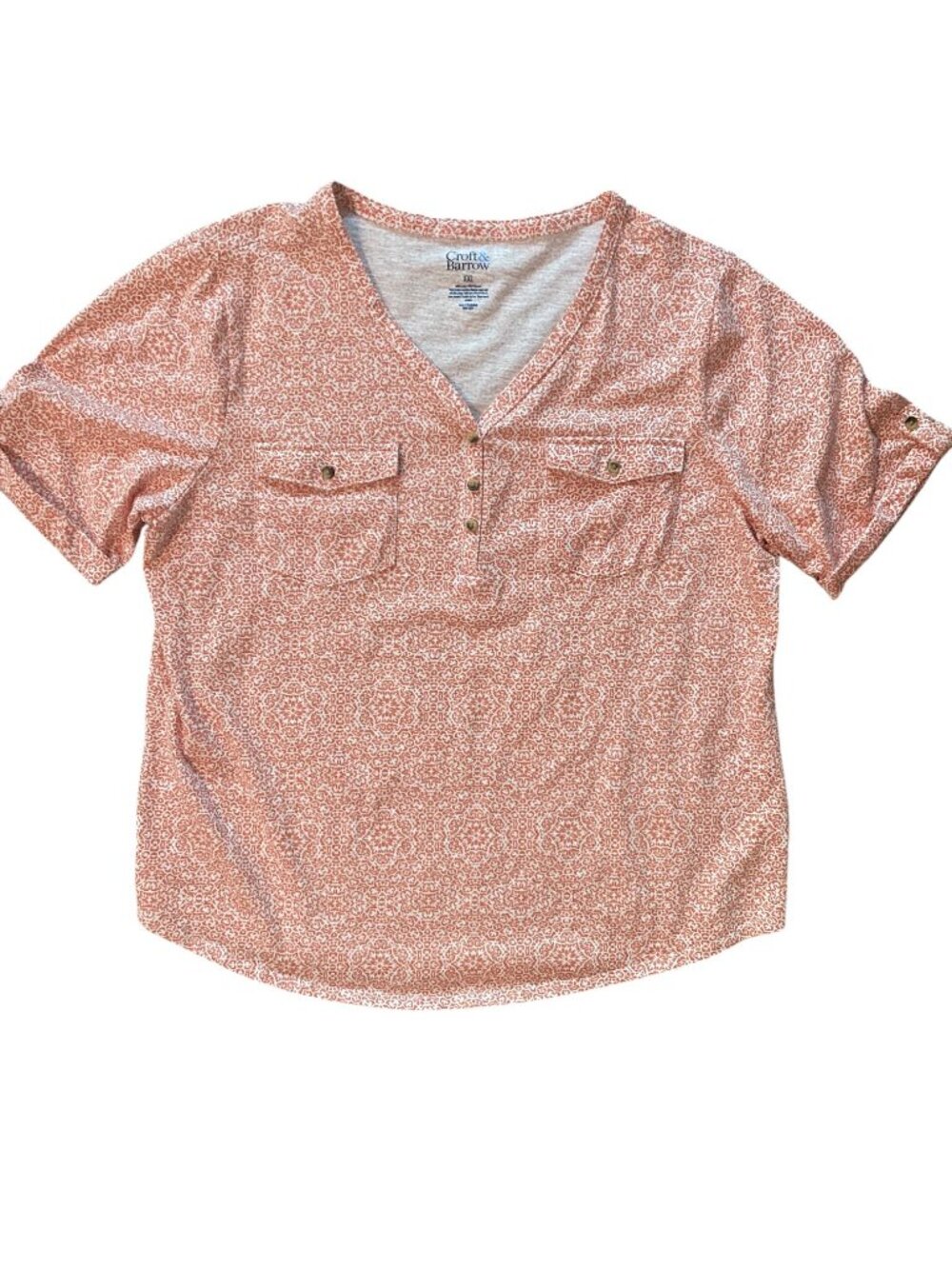 Women's CROFT & BARROW Utility Henley Roll-Cuff Short-Sleeve Top PINK Tile XXL